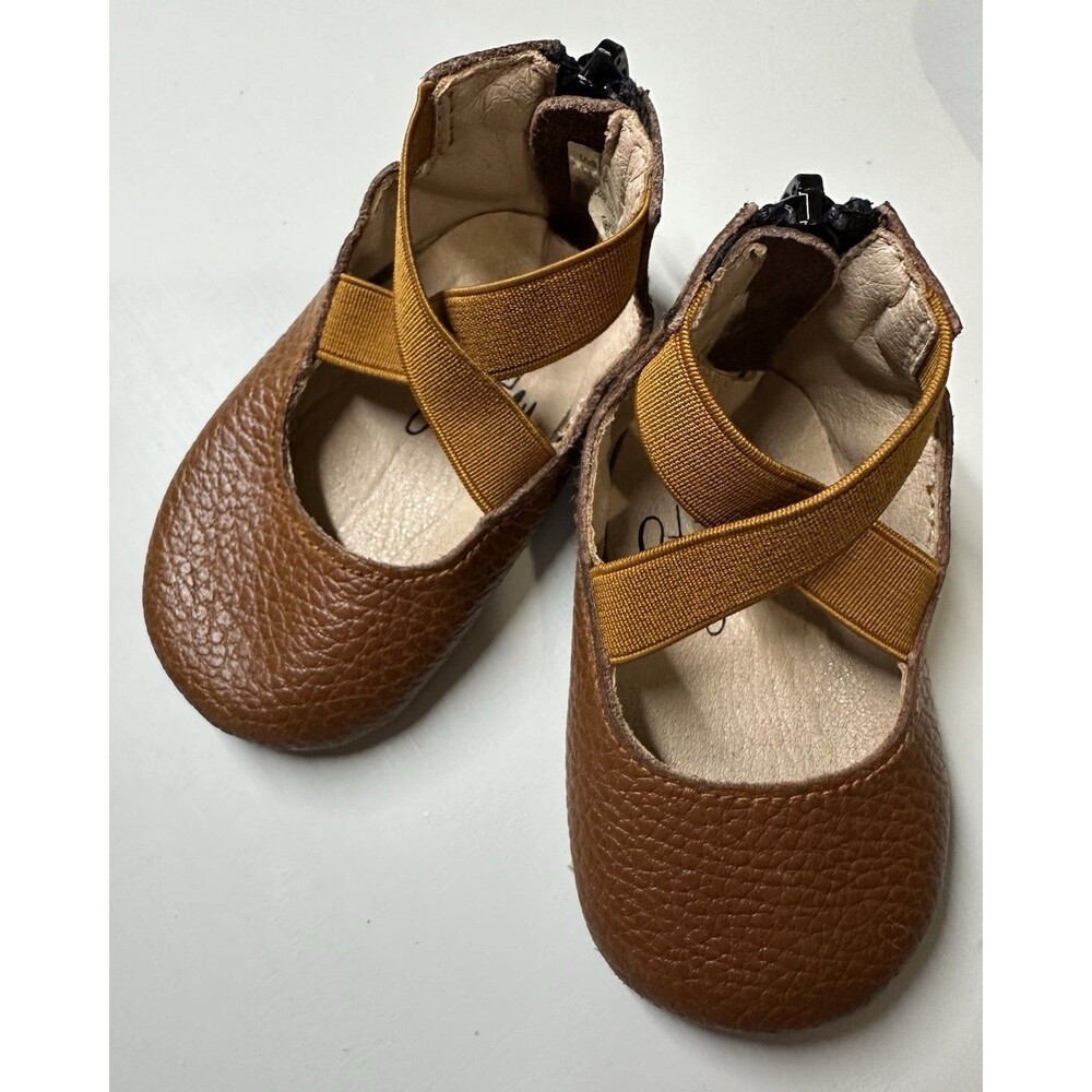 Monkey Feet Zip Up Stretch Strap Ballet Flats Baby Girl Size 3-6m Brown Leather
